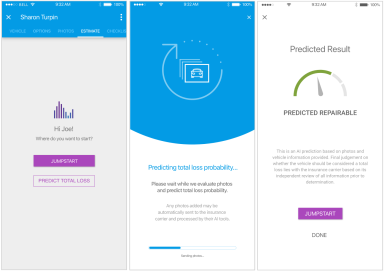 Screenshots of the Estimate tab, Predicting total loss probability screen, and Predicted Result screen.